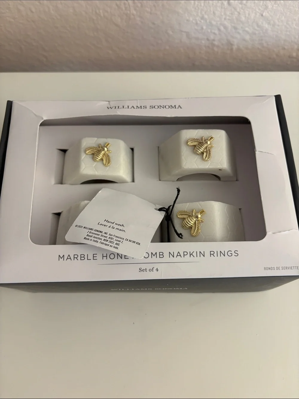 Williams Sonoma White Marble Napkin Rings with Gold Bee Detail